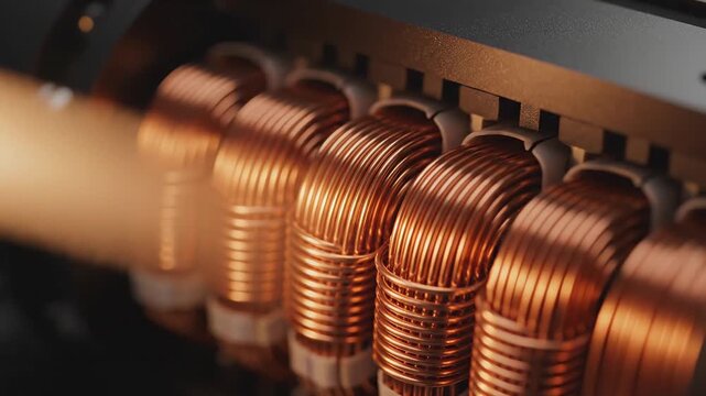 Close up of glowing copper wire coils inside an industrial electric machine
