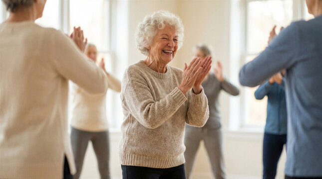 Happy elderly woman clapping hands during group exercise class with seniors in a bright community center