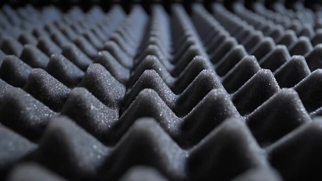 Low angle close up of black acoustic foam panels creating an abstract pattern in a recording studio.