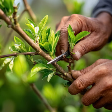 Fruit tree grafting by farmer hands in spring garden, close-up pruning technique