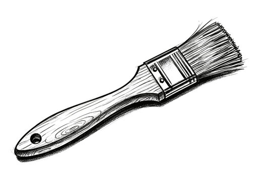 Hand-drawn illustration of a wooden paintbrush with metal ferrule and bristles