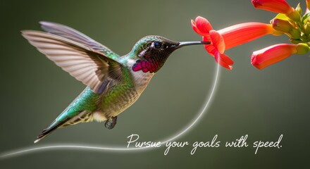 Fototapeta premium Hummingbird Sips Nectar from Red Flower in Motion