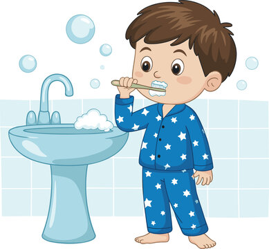 Cute Boy in Star Pattern Pajamas Brushing Teeth in Bathroom Morning Routine and Dental Hygiene Concept Vector Illustration