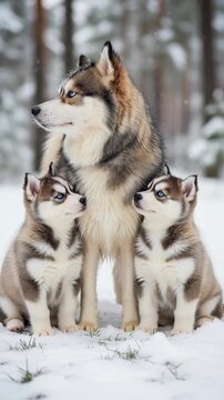 Pomsky plays with puppies in snowy forest during winter afternoon.