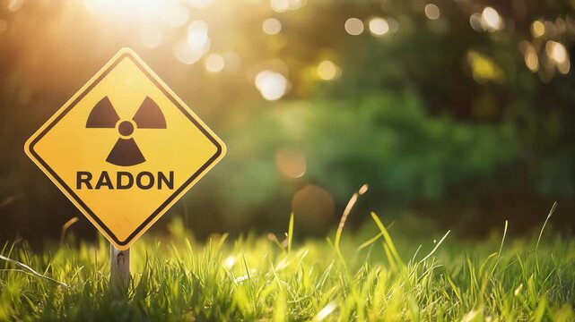 Radon warning sign, yellow caution board with radiation symbol, outdoor grassy area with sunny bokeh background, symbolizing danger, radiation