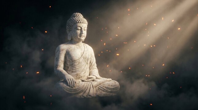 Buddha Statue In Lotus Pose Illuminated By Divine Light Rays Through Smoke