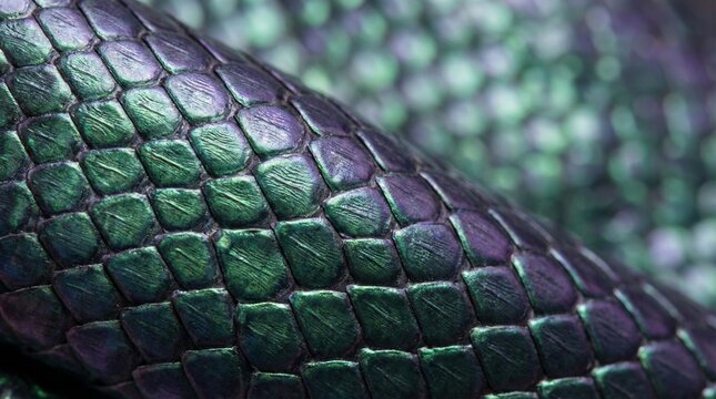 Close Up Texture Of Green Iridescent Snake Skin Scales