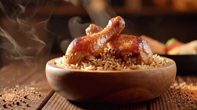 Roasted chicken, steaming hot on a bed of rice in a wooden bowl, rustic kitchen setting, symbolizing comfort food and culinary delight.