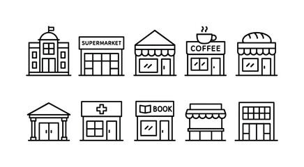 Fototapeta premium Collection of simple line art icons representing various types of storefronts and buildings