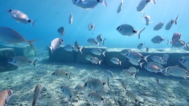 underwater fish scenery from mediterranean  sea breams ocean scenery underwater landscape seabreams  Diplodus sargus