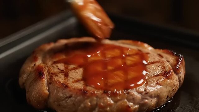 Close-up shot of a delicious piece of meat being basted with a rich sauce on a baking sheet, preparing for a culinary masterpiece