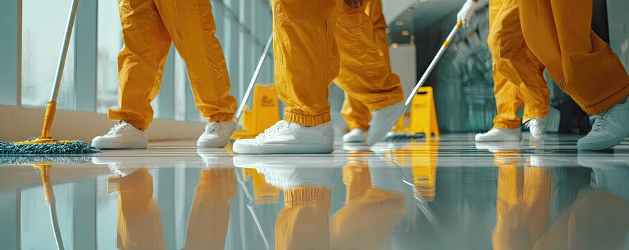 People in orange jumpsuits mopping a shiny floor, reflections visible