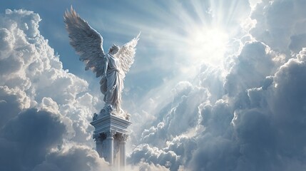 Naklejka premium Angel sculpture with majestic wings reaching towards the illuminating sun rays, symbolizing heaven, spirituality, and divine transcendence amidst a ethereal cloudscape