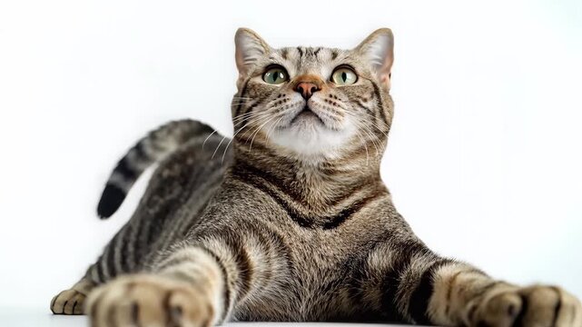 Tabby cat, lying down looking up, plain white background, symbolizing curiosity