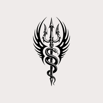 Trident with Coiled Snake and Tribal Wings
