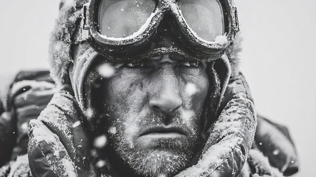 Close up of a determined male explorer wearing extreme cold weather gear, goggles, and winter hat, resisting harsh snow and freezing blizzard during an expedition