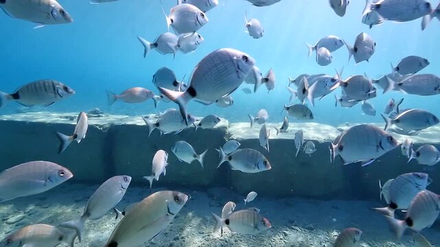 underwater fish scenery from mediterranean  sea breams ocean scenery underwater landscape seabreams  Diplodus sargus