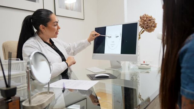 Professional cosmetologist in a white coat consulting a female client in her office, explaining facial treatment options and pointing to a face diagram on the computer screen