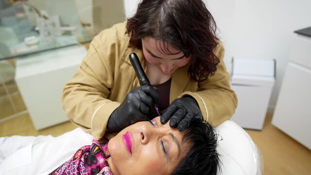 Skilled cosmetologist wearing black gloves applying permanent makeup on a mature woman's eyebrows with a tattoo machine during a microblading session in a modern beauty salon