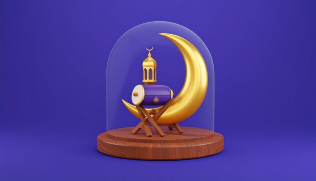 3D Islamic call to prayer scene with crescent moon and mosque lantern on wooden stand