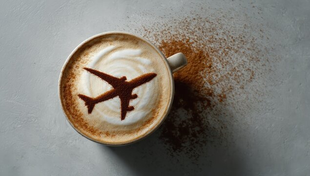 A foamy coffee with an airplane stencil, sprinkled with cocoa powder