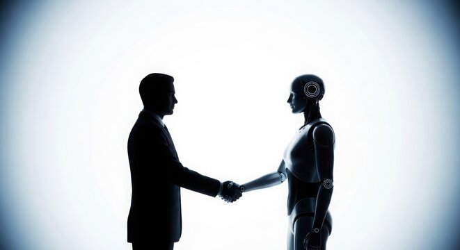 A humanoid robot AI agent and human handshake together as a team symbolizing agentic autonomy using future AGI superintelligence for teamwork and ASI collaboration during the singularity