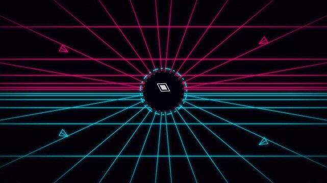 Retro Synthwave Grid Background with Glowing Geometric Symbols