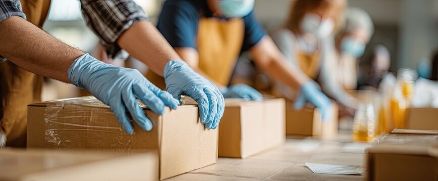 Volunteers wearing gloves and masks packing boxes for donation during a pandemic.