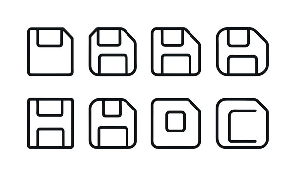 Collection of floppy disk icons in various styles and orientations for digital storage