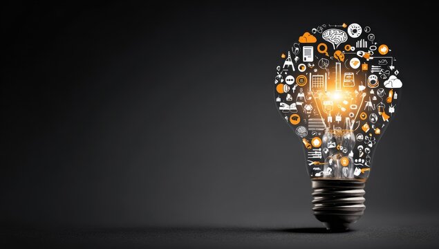 Glowing idea bulb composed of various icons and symbols