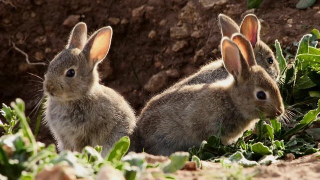 young little rabbits eating herbs near their hole, close 859