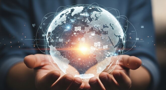 Hands holding glowing digital globe with connected network nodes, representing global communication, technology, data exchange, and worldwide digital transformation in business

