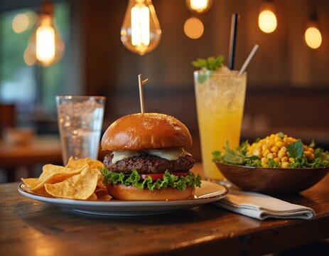Burger with cheese and lettuce sits on table with chips and corn salad. Tall glass holds yellow drink with ice and mint. Restaurant interior lights glow warm.