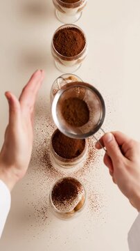Close-up view of hands pouring cocoa powder from a metal sifter into glass jars on a neutral beige tabletop, capturing a cooking preparation scene