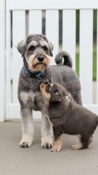 Schnoodle stands near a white fence while a puppy interacts with her during the day in yard setting
