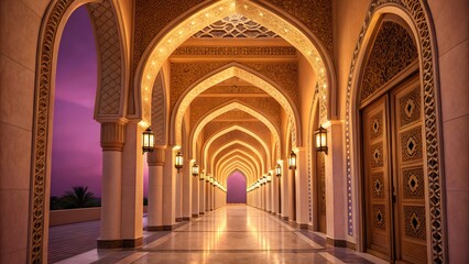 Obraz premium A grand symmetrical corridor extends into the distance, lined with intricately decorated arches and warm traditional lanterns.