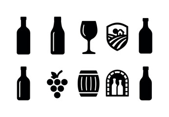 Naklejka premium Collection of wine and vineyard related icons in silhouette style