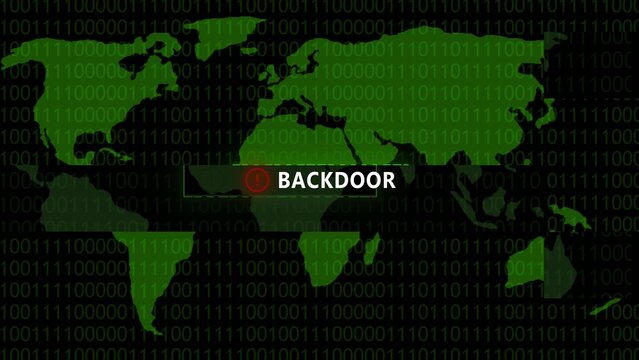 Green map overlay with binary code Generate title without using the word "Title:" before it. background and red backdoor stamp notification global digital