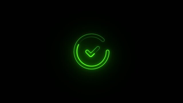 Green neon glowing checkmark with circular outline on dark Generate title without using the word "Title:" before it. background