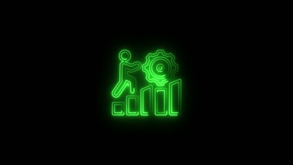 Fototapeta premium Green neon glowing of a person climbing stairs with a gear indicating progress and achievement Generate title without using the word 