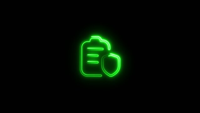 Green neon outline of a clipboard with a shield symbol glowing on a dark Generate title without using the word "Title:" before it. background