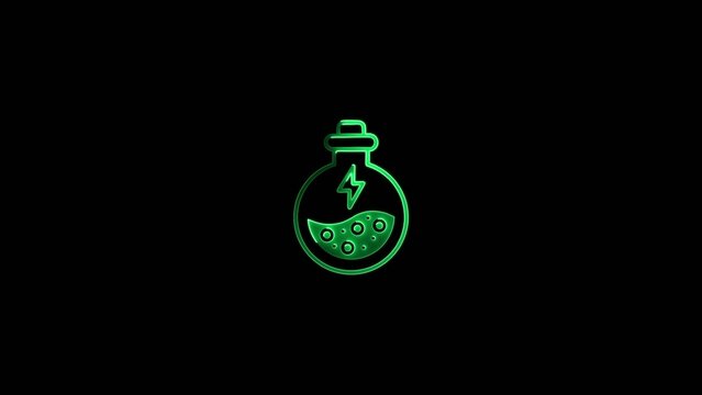 Green neon outline of a round bottom flask with bubbles and a lightning bolt on a dark Generate title without using the word "Title:" before it. background