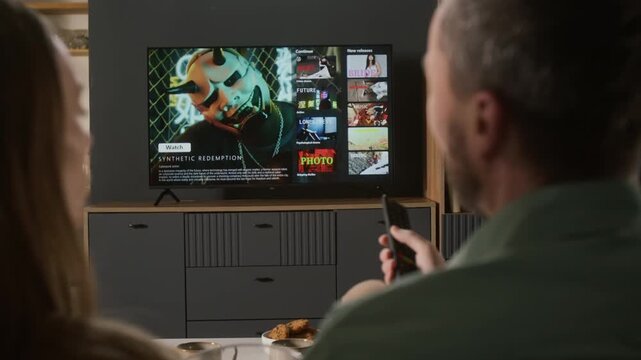 Rear shot of young Caucasian husband and wife relaxing on couch at home, choosing movie to watch on menu of digital TV streaming service, watching trailer of cyberpunk thriller with evil demon