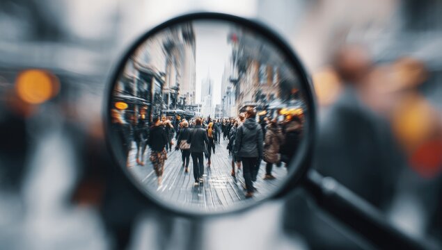 Magnified view of blurred crowd walking on bustling city street