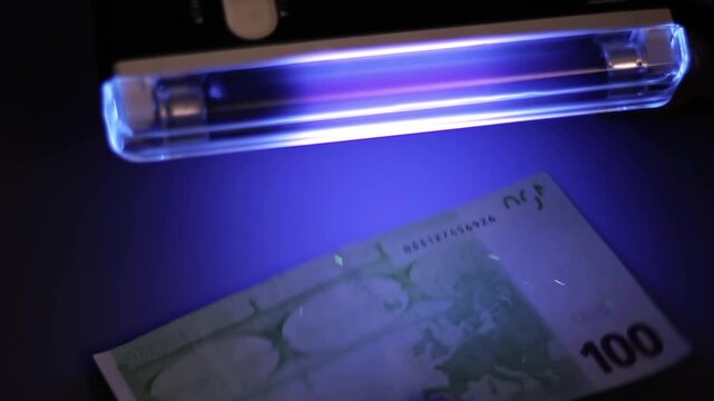 A man uses a UV lamp to check the authenticity of a hundred-euro banknote. Video