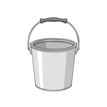 Simple gray metal bucket with a curved black handle and wire bail