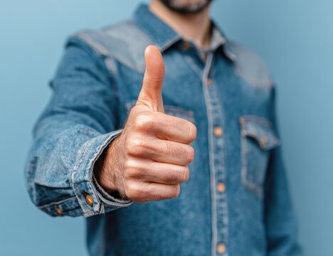 Person in denim shirt gives a thumbs up gesture, approved