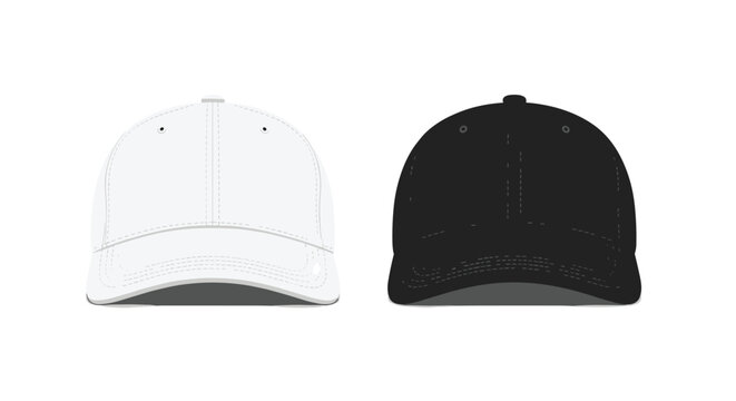 Two baseball caps, one white and one black, are shown side-by-side in a front-facing illustration against a plain white background.
