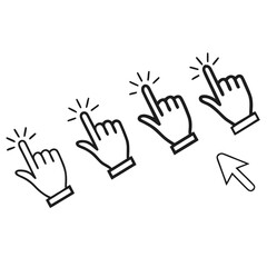 Fototapeta premium Computer cursor hand pointer clicking icons set on white background for user interface design and web navigation elements with black line graphics