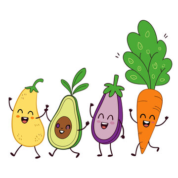 Cheerful cartoon vegetables like eggplant avocado and carrot having fun together a group of smiling and dancing healthy food characters in a lively and happy cartoon style